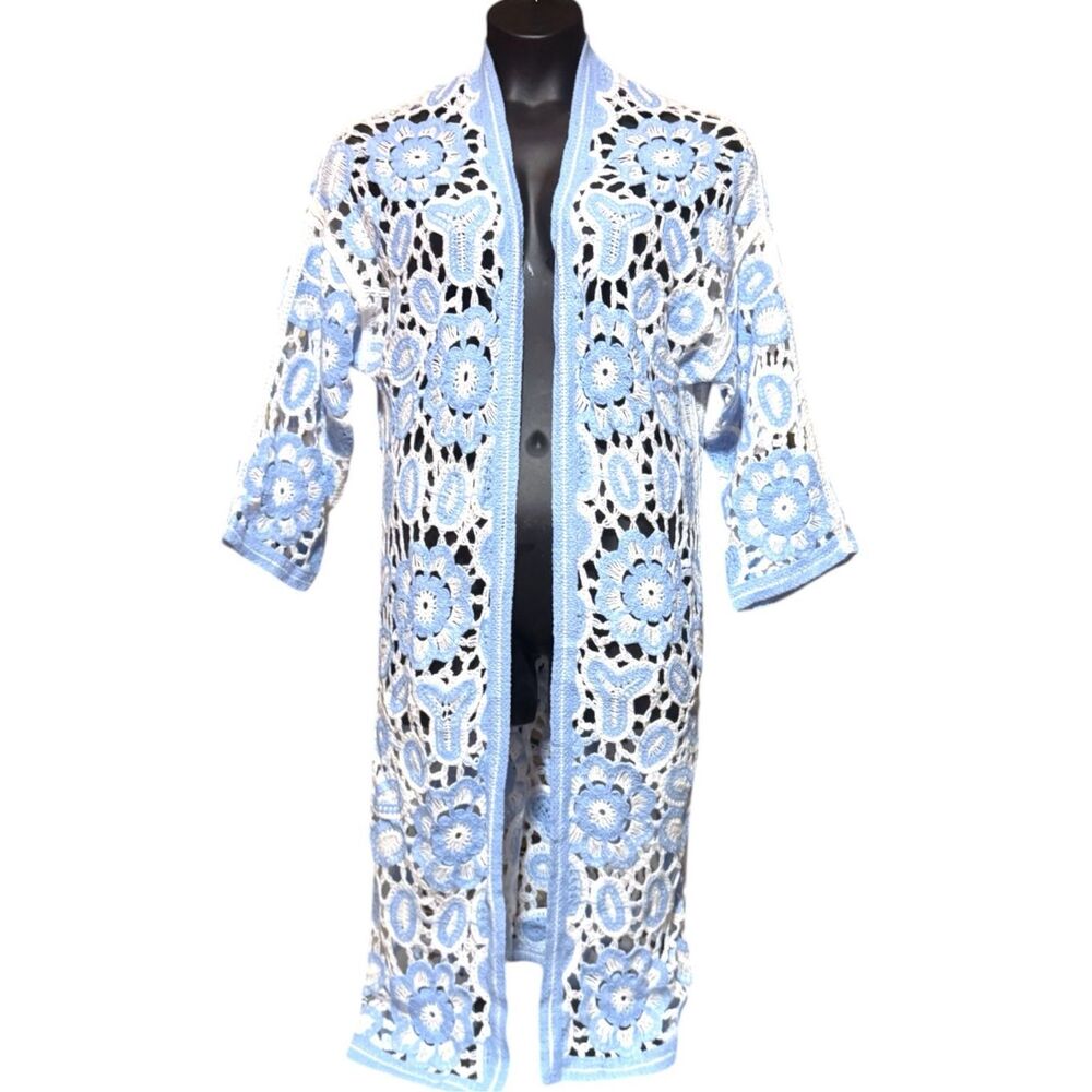 POL Blue Crochet Duster Cardigan Boho Kimono Open Knit Lace Patchwork Floral NEW - Picture 10 of 16